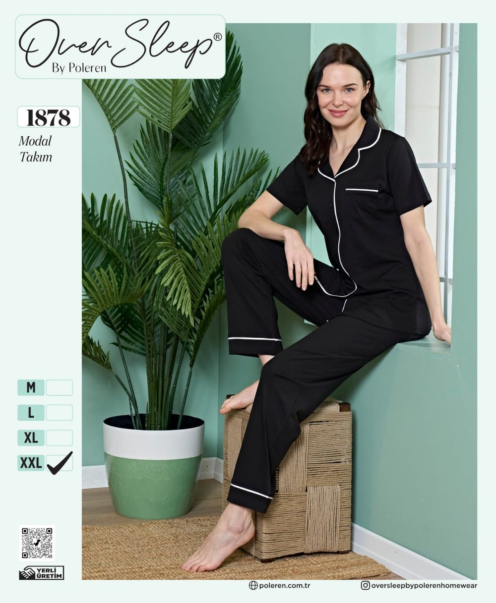 Over Sleep Bayan Modal Poleren Siyah Pijama Takım