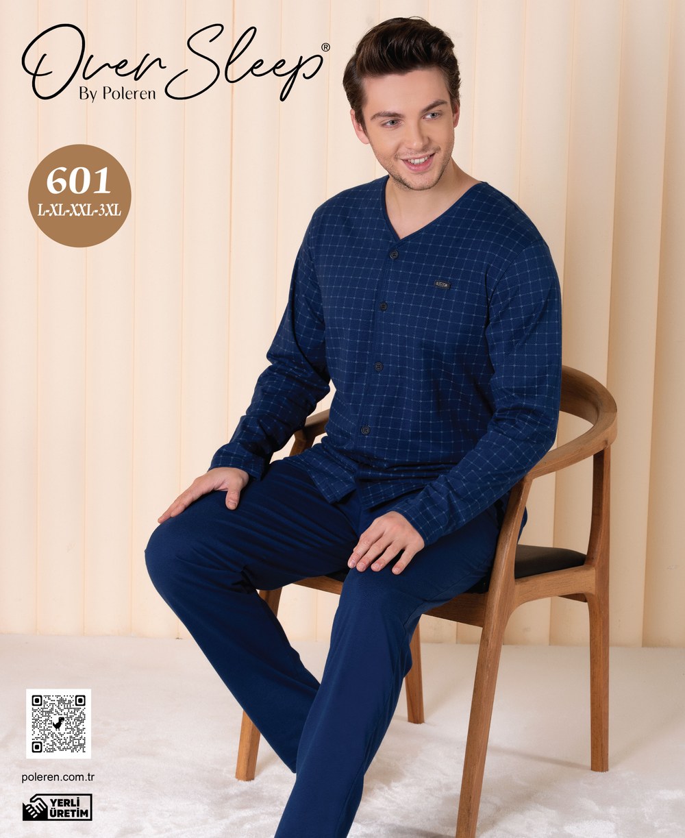 Over Sleep Erkek Battal Poleren Lacıvert Pijama Takım