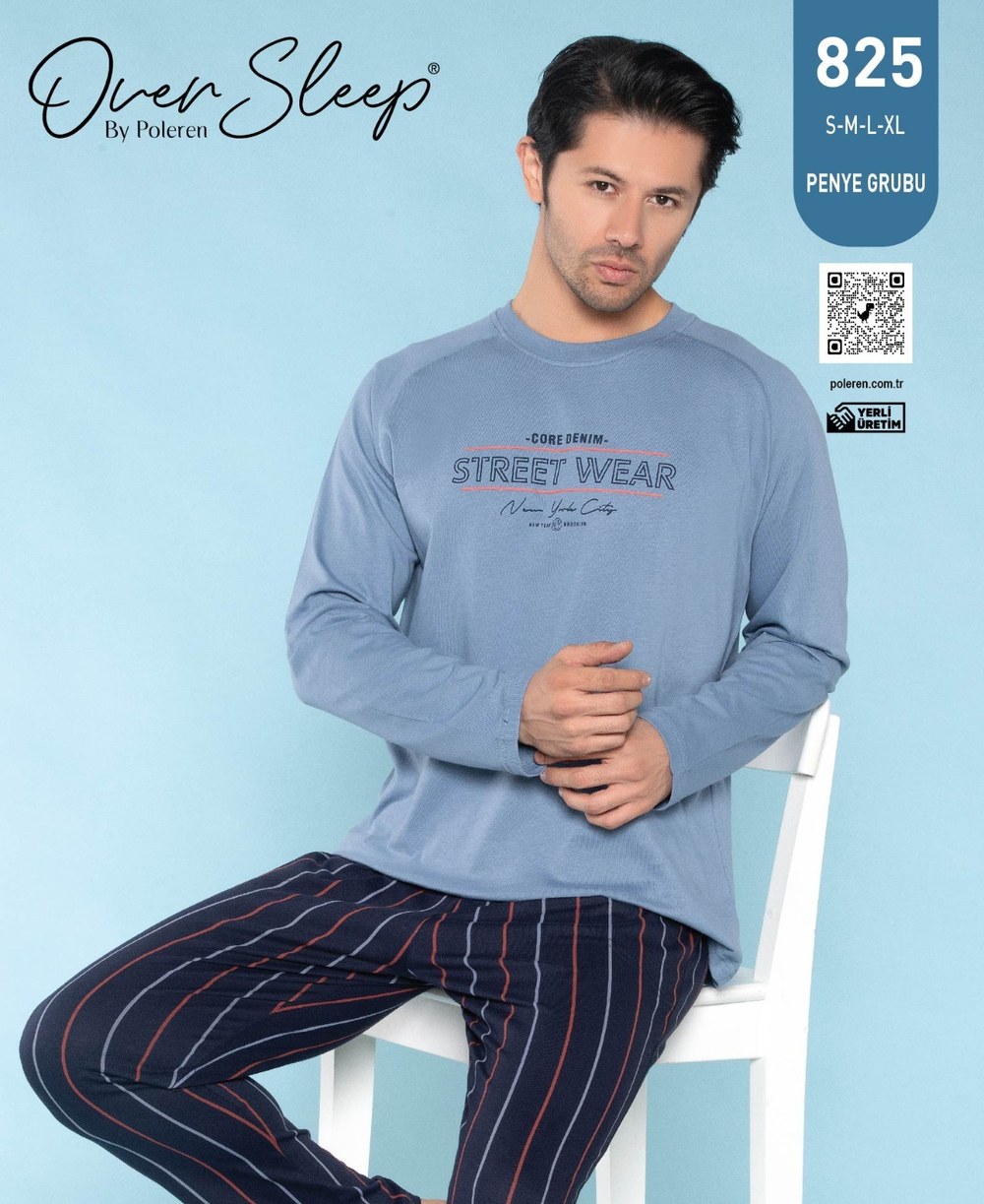 Over Sleep Erkek Poleren İndigo Pijama Takım