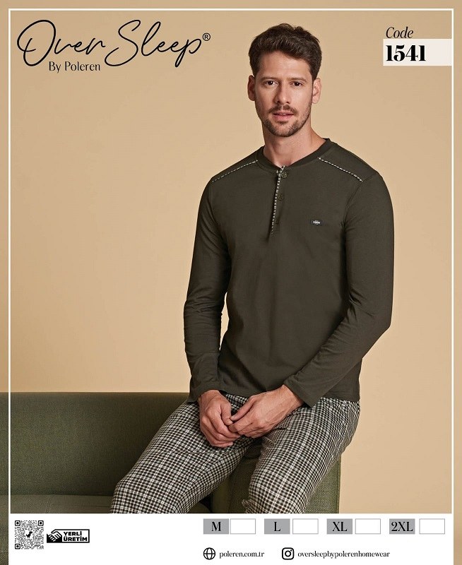 Over Sleep 1541 Erkek Poleren Haki Pijama Takım