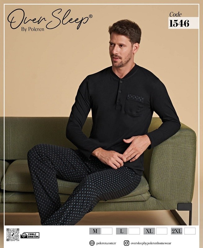 00OVER Sleep 1546 Erkek Poleren Siyah Pijama Takım