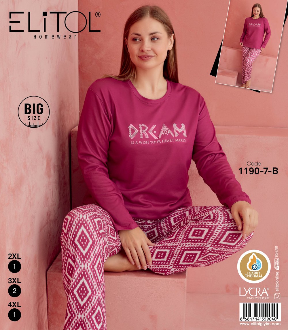 Elitol 1190-7-B Bayan Desenli Battal Thermal Pijama Takımı