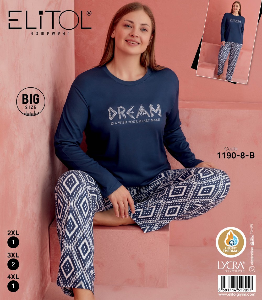 Elitol 1190-8-B Bayan Desenli Battal Thermal Pijama Takımı