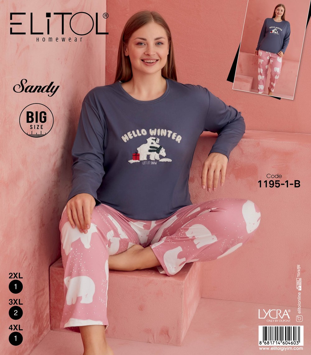 Elitol 1195-1-B Sandy Battal Bayan Füme Pijama Takımı
