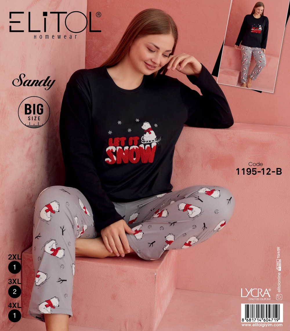 Elitol 1195-12-B Sandy Battal Bayan Siyah Pijama Takımı