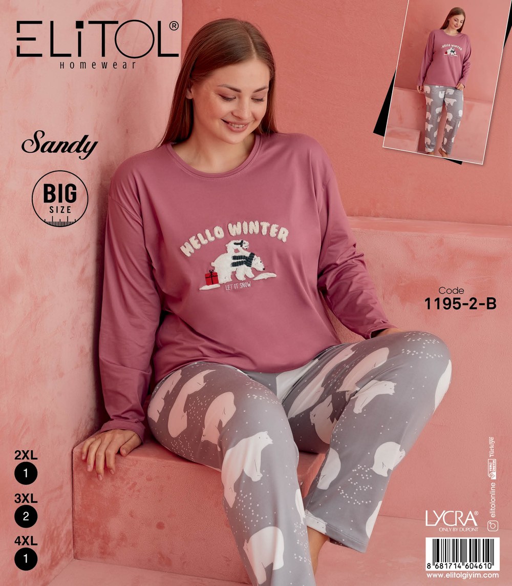 Elitol 1195-2-B Sandy Battal Bayan Pudra Pijama Takımı