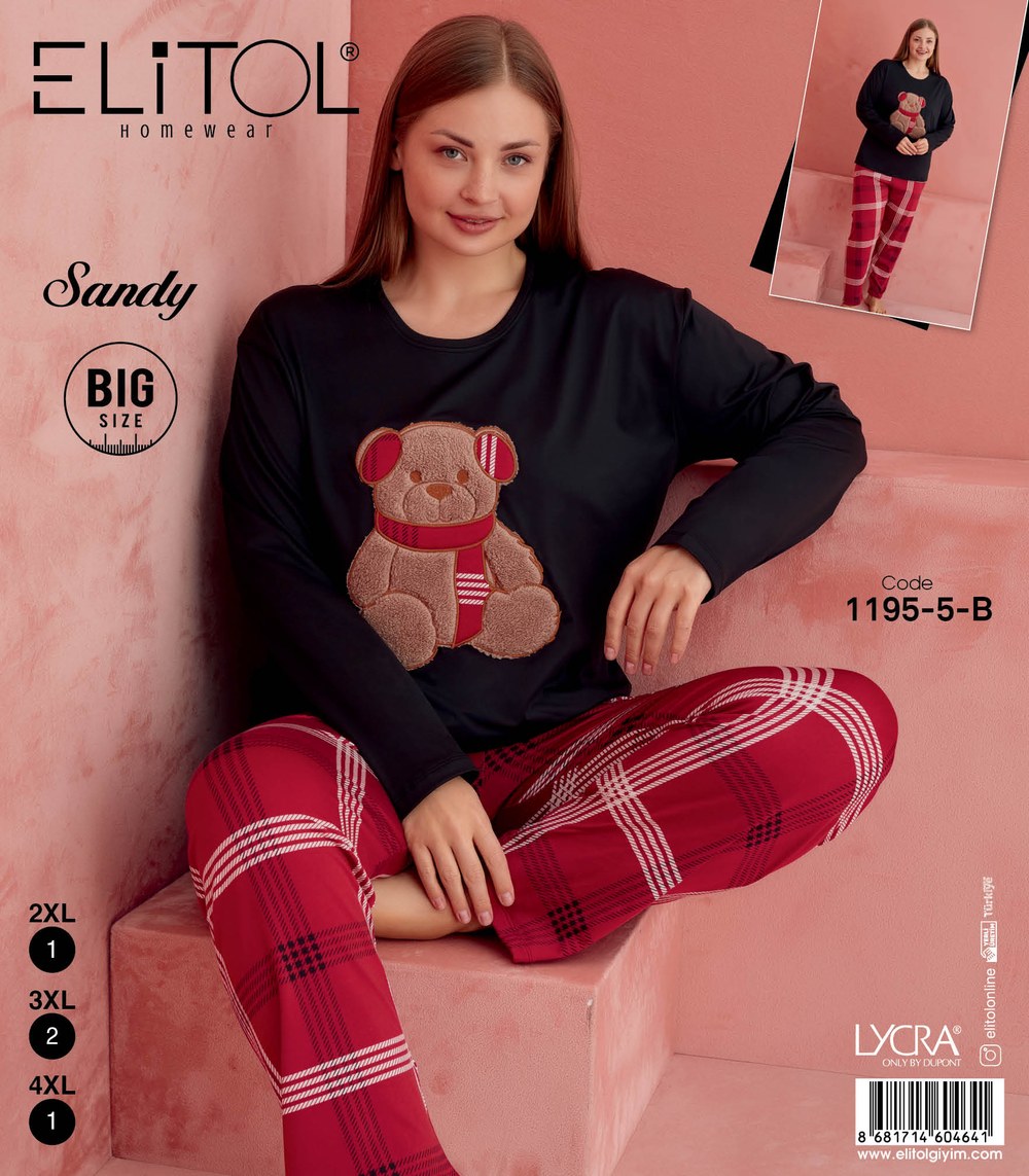 Elitol 1195-5-B Sandy Battal Bayan Kırmızı Pijama Takımı