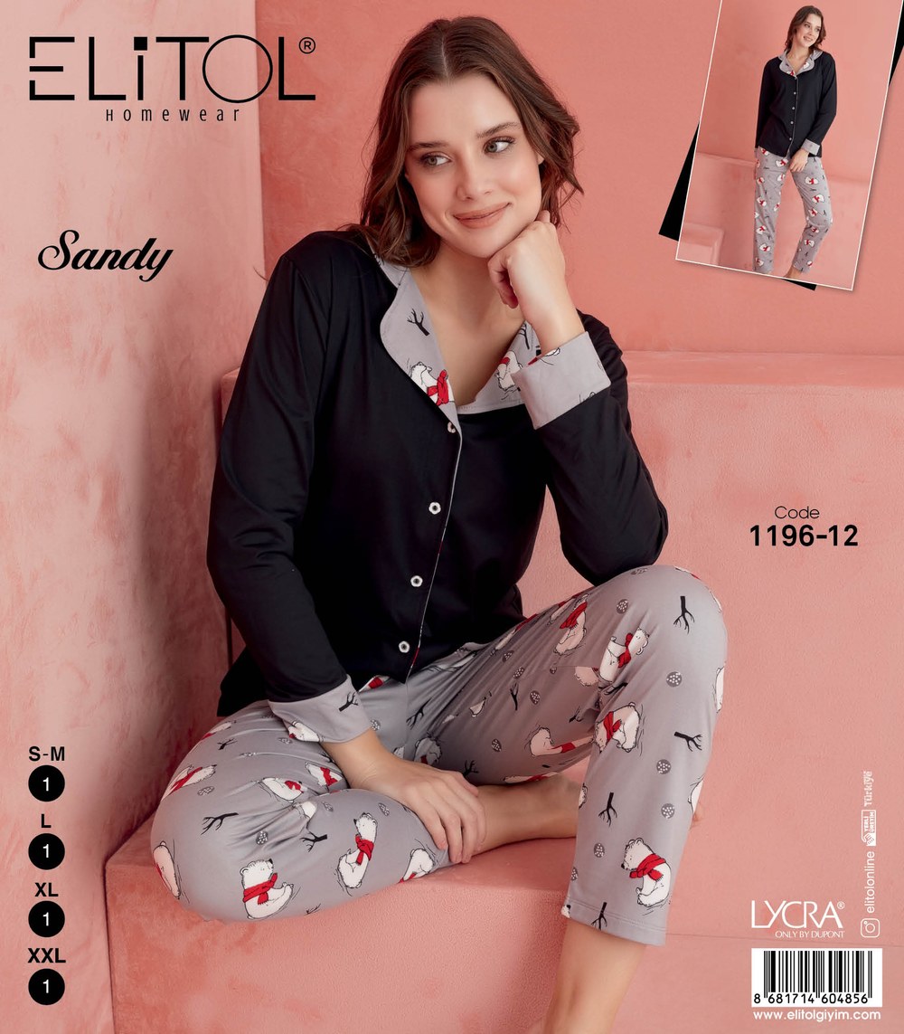 Elitol 1196-12 Sandy Bayan Siyah Düğmeli Pijama Takımı