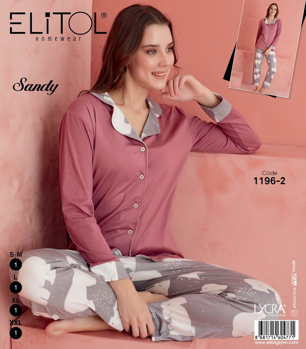 Elitol 1196-2 Sandy Bayan Pudra Düğmeli Pijama Takımı