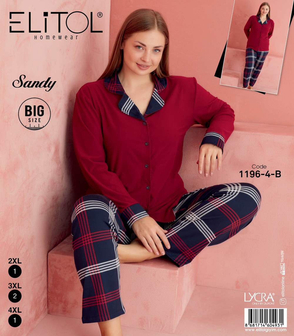 Elitol 1196-4-B Sandy Battal Bayan Bordo Düğmeli Pijama Takımı