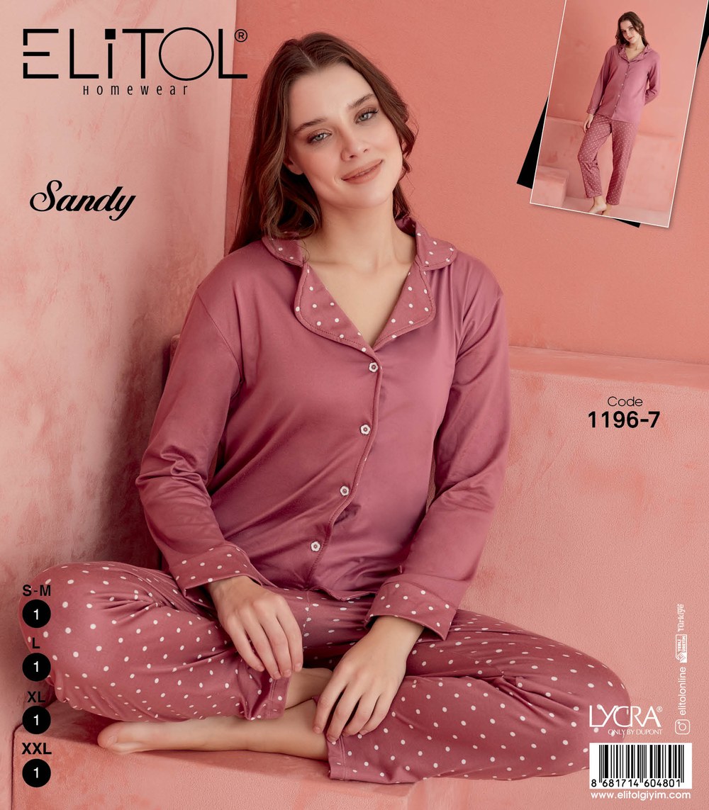 Elitol 1196-7 Sandy Bayan Pudra Düğmeli Pijama Takımı