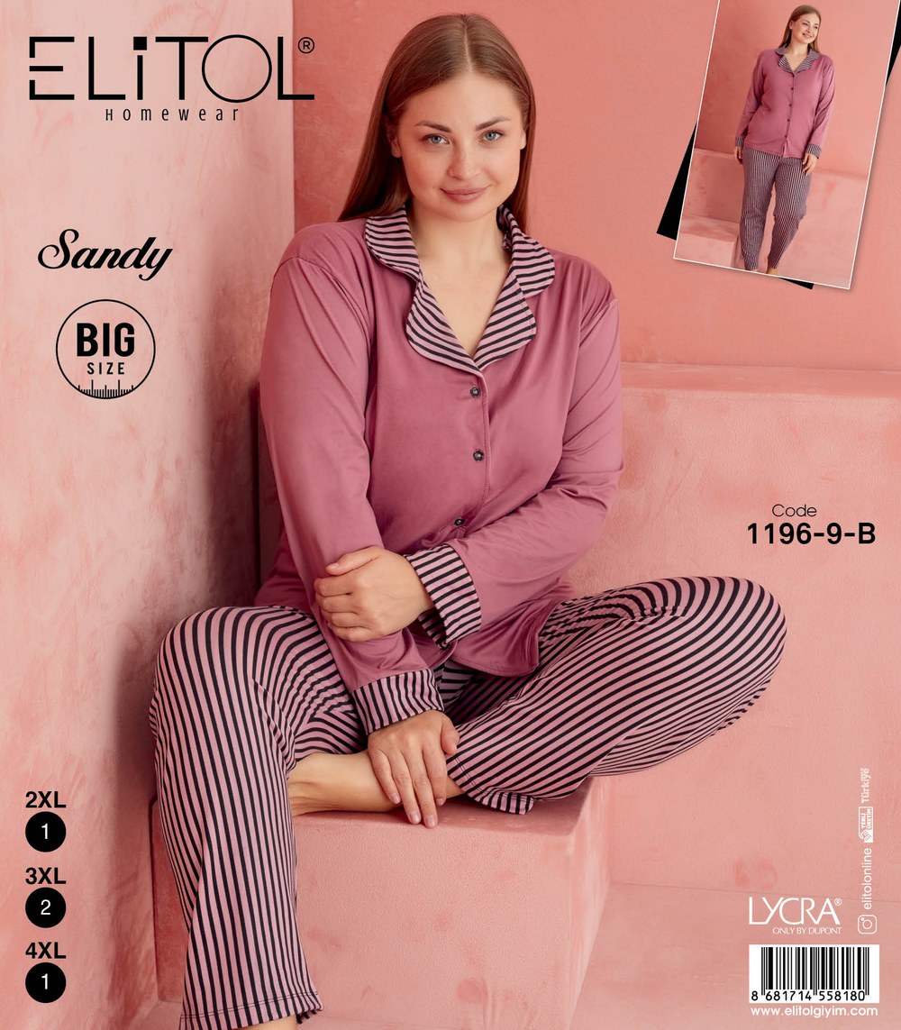 Elitol 1196-9-B Sandy Battal Bayan Pudra Düğmeli Pijama Takımı