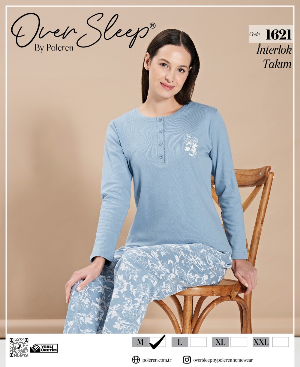 Over Sleep Bayan Poleren Mavi Pijama Takım