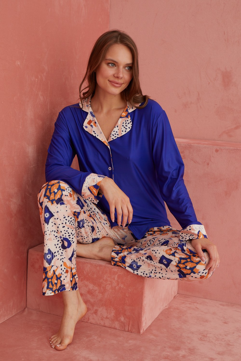 Elitol 1182-15 Marla Bayan Mavi Düğmeli Pijama Takım