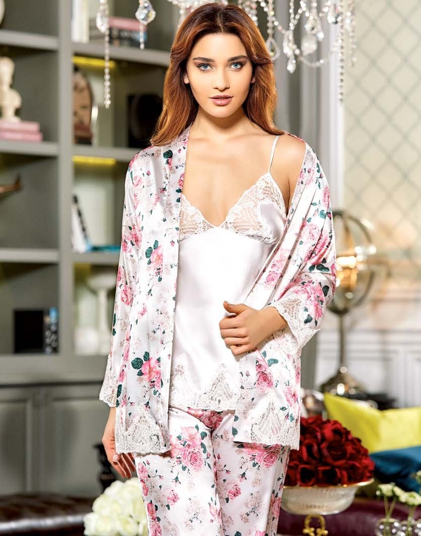 Jeremi 2846 Saten Desenli Üçlü Pijama Takımı