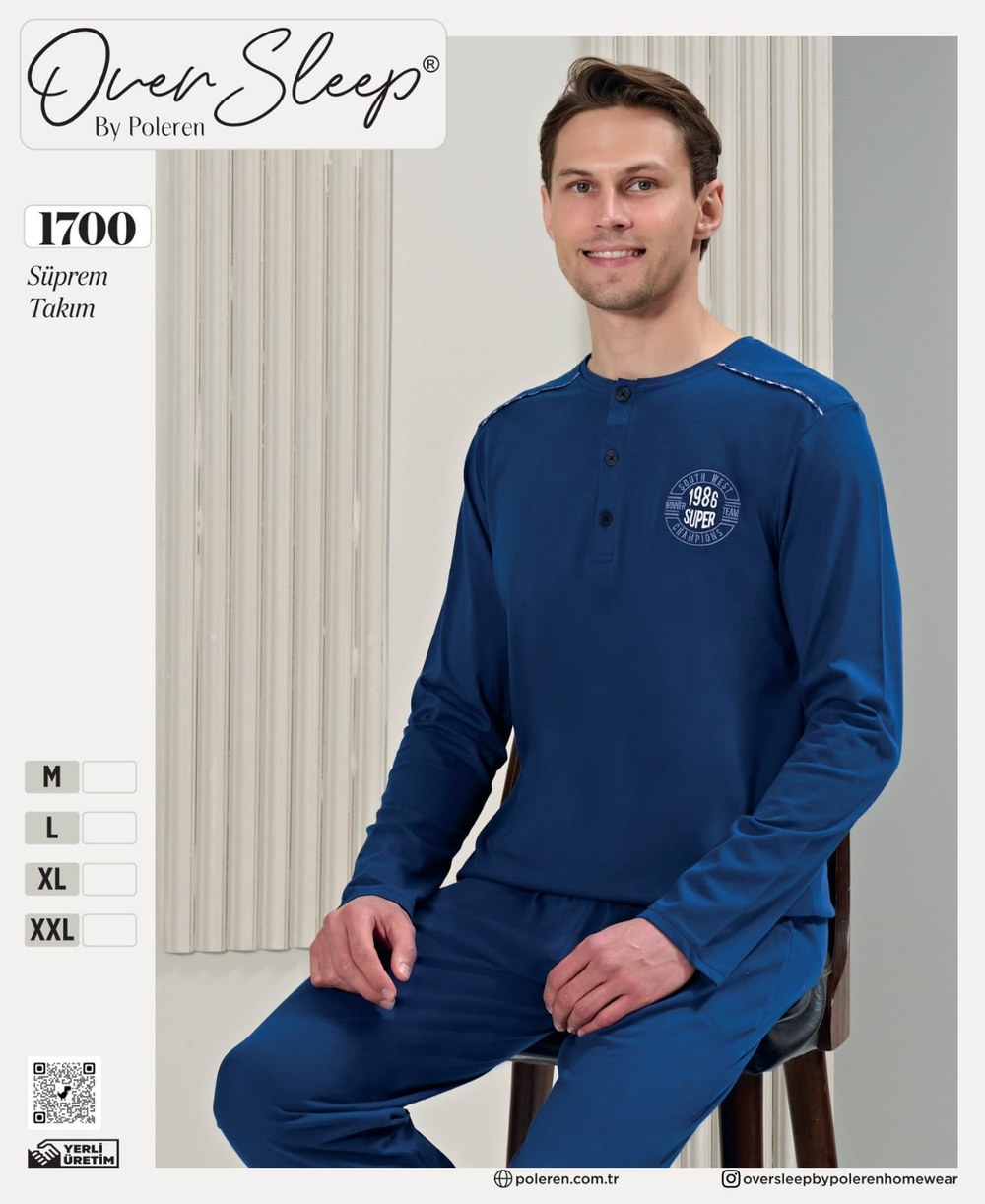 Over Sleep Erkek Poleren Acık Lacıvert Pijama Takım