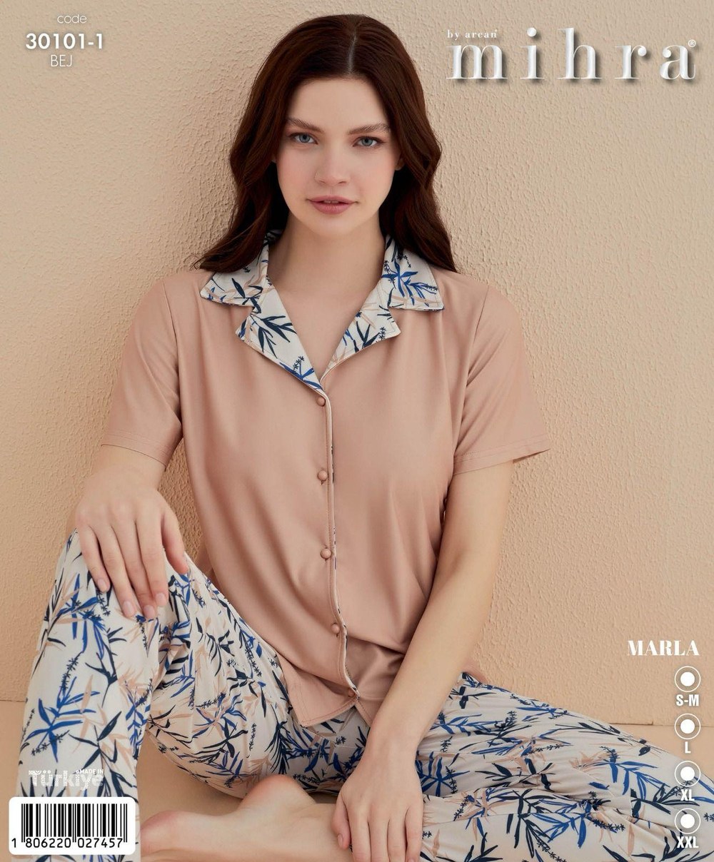 Arcan Marla 30101-1 Bej K.Kol Alt Uzun Düğ.Pijama Takım