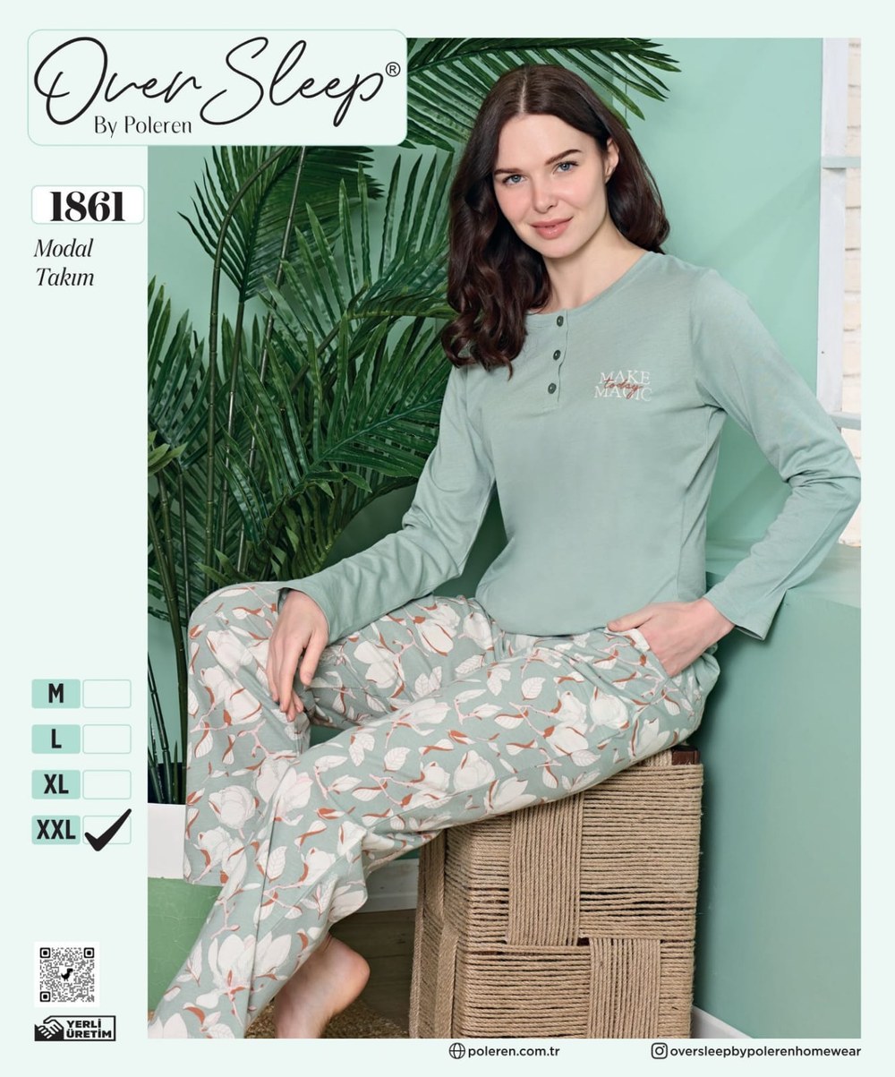 Over Sleep Bayan Modal Poleren M Yeşil Pijama Takım