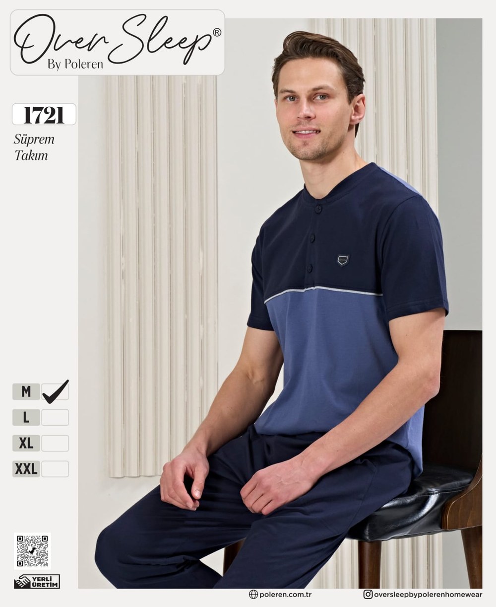 Over Sleep Erkek Poleren Koyu İndigo Pijama Takım