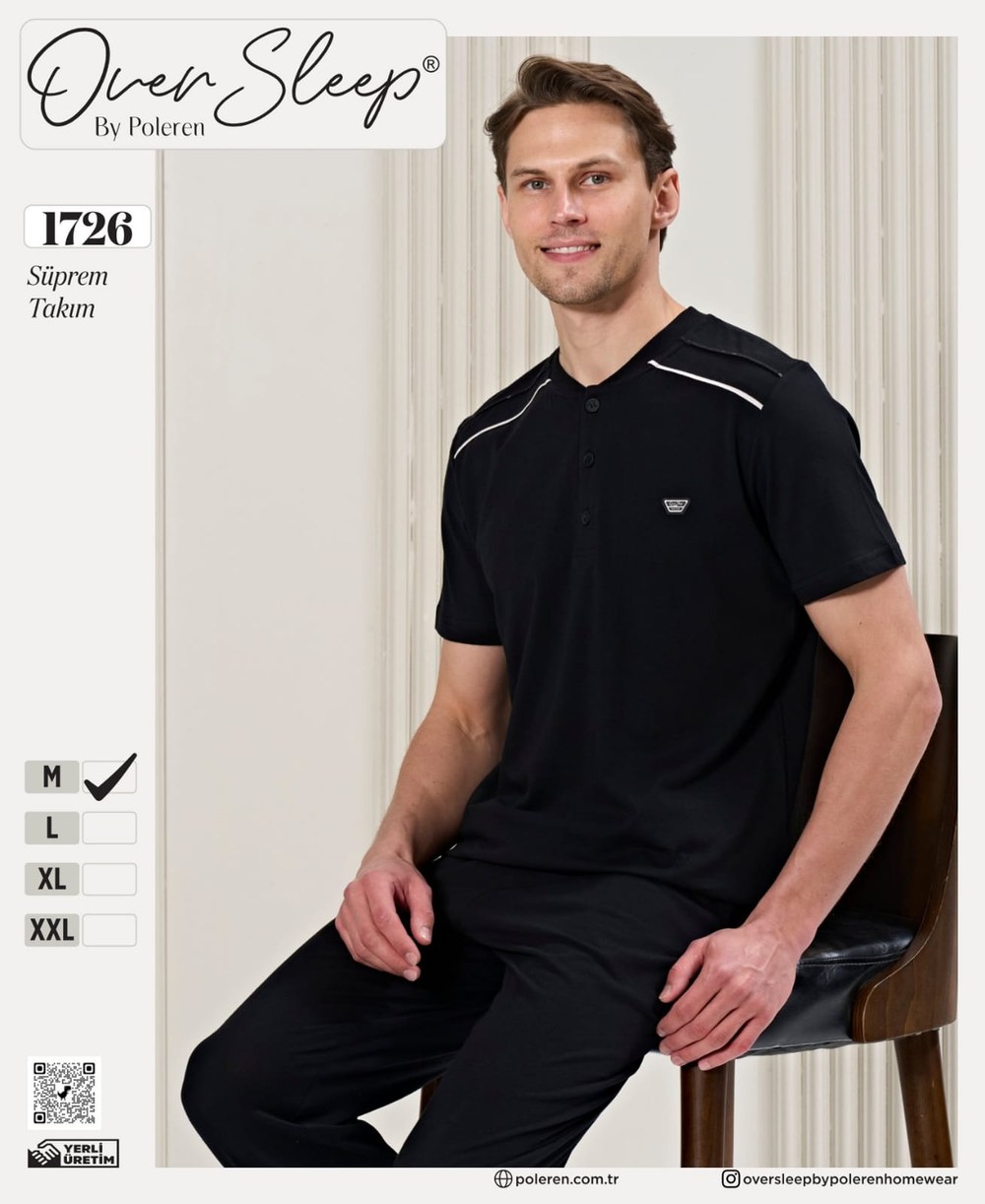 Over Sleep Erkek Poleren Siyah Pijama Takım