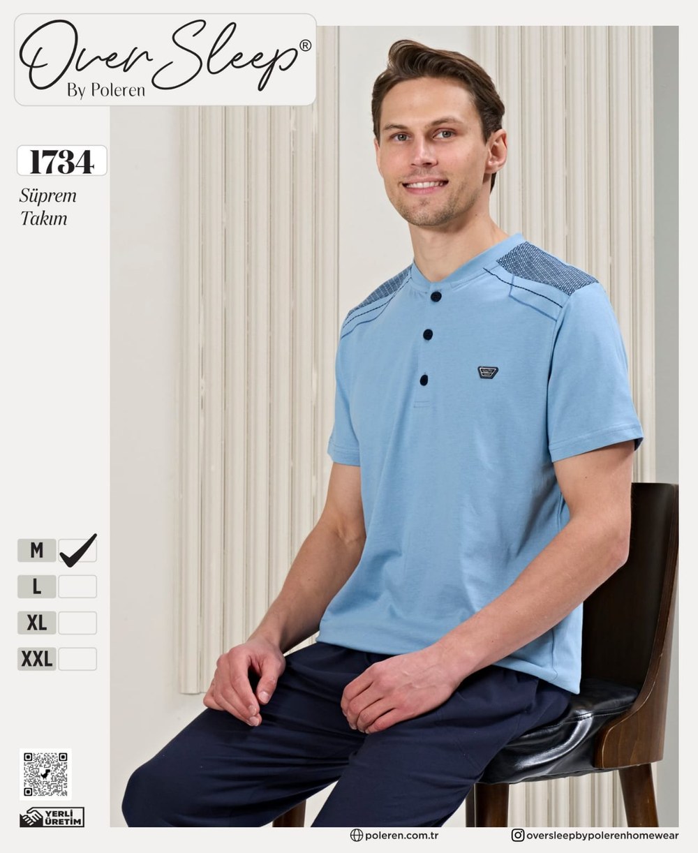 Over Sleep Erkek Poleren Acık Mavi Pijama Takım