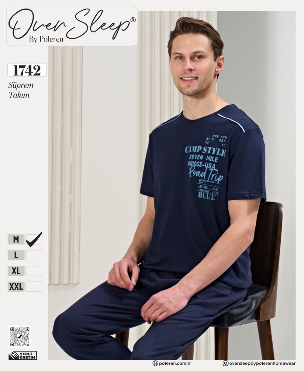 Over Sleep Erkek Poleren Lacıvert Pijama Takım