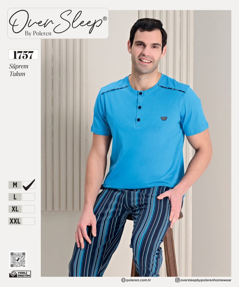 Over Sleep Erkek Poleren Mavi Pijama Takım