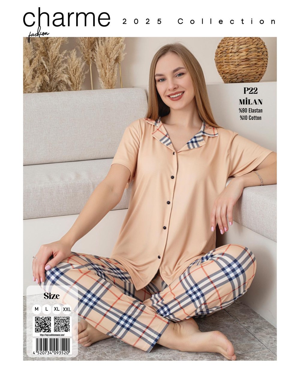 Charme P-22 Bayan Milan Gömlek K.Kol Pijama Takım