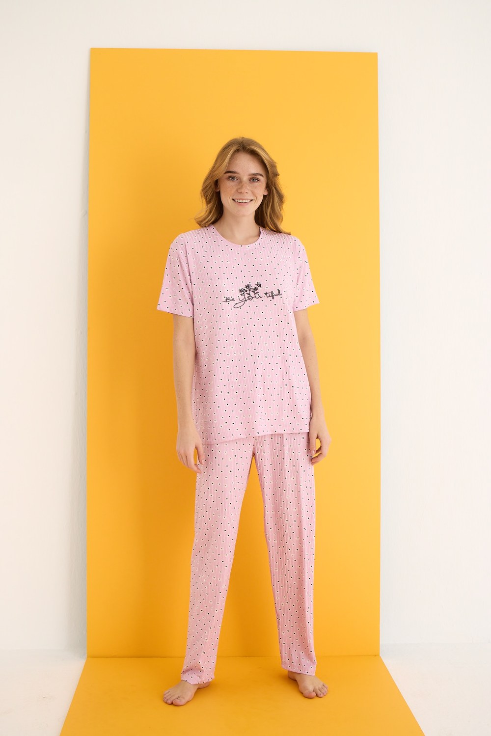 Eliz 7021-5 Bayan Zincir Pembe Çiçekli Pijama Takım