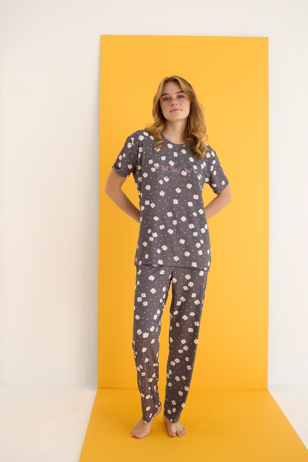 Eliz 7021-8 Bayan Zincir Gri Çiçek Pijama Takım