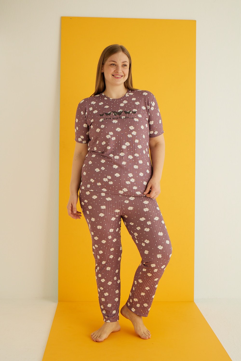 Eliz 7021-7 Bayan Zincir Battal Mürdüm Çiçek Pijama Takım