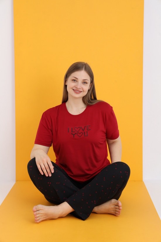Eliz 7051-10 Bayan Bamboo Battal Bordo Pijama Takım