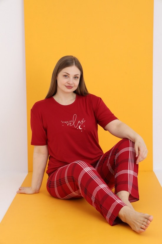 Eliz 7051-6 Bayan Bamboo Battal Bordo Pijama Takım