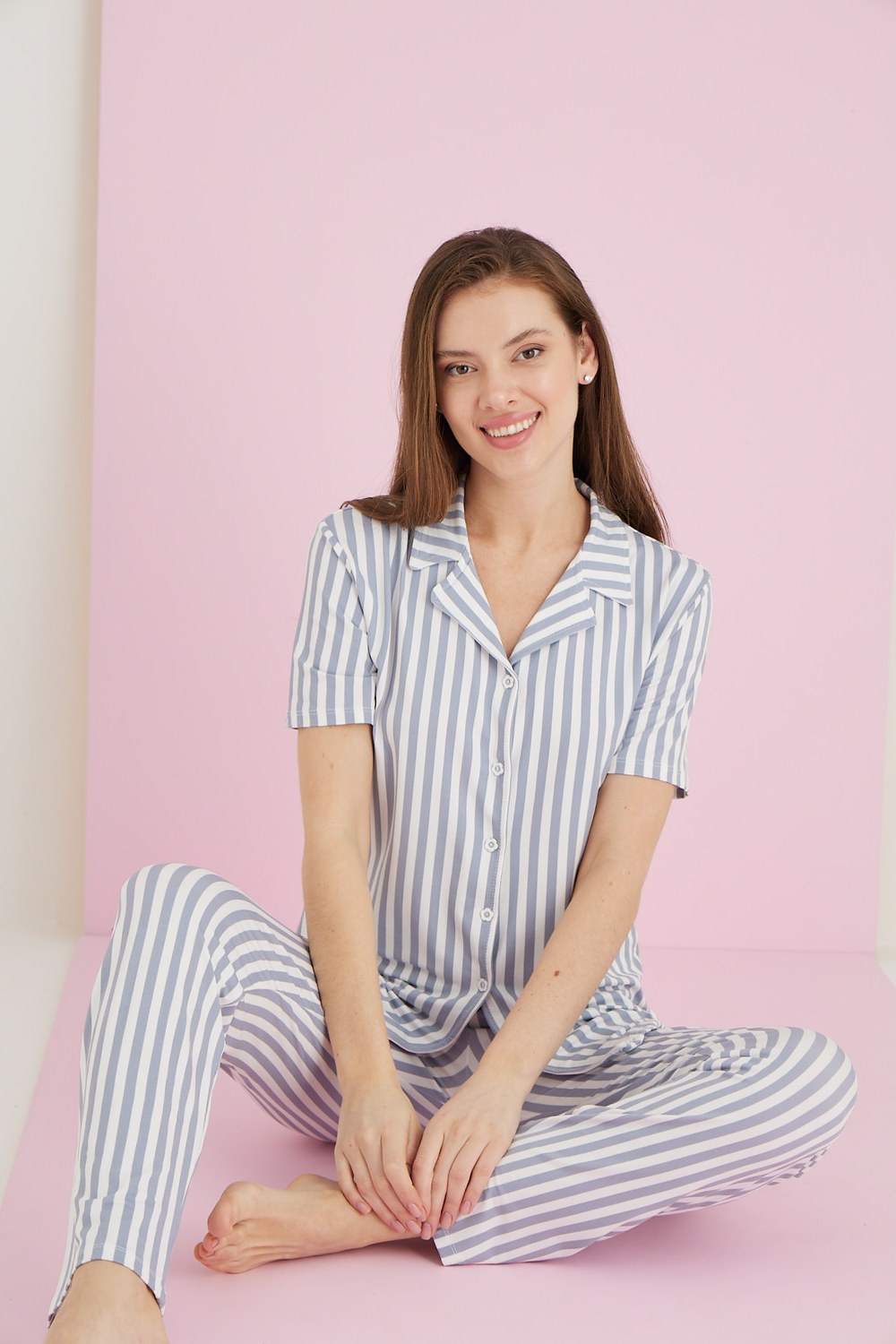 Eliz 7052-1 Bayan Bamboo Mavi Beyaz Çizgili Düğ.Pijama Takım