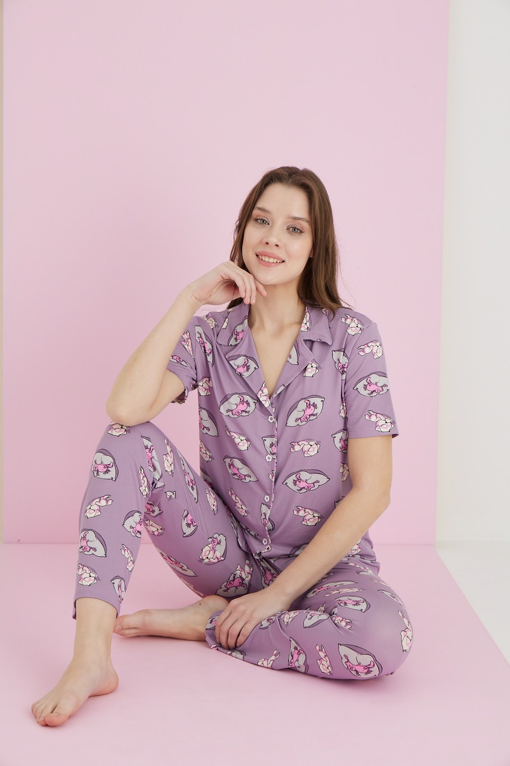 Eliz 7052-17 Bayan Bamboo Lila Zemin Kedi Düğ.Pijama Takım