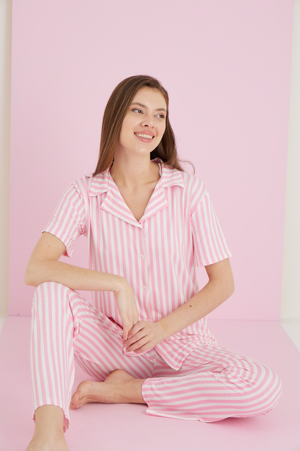 Eliz 7052-2 Bayan Bamboo Pembe Beyaz Çizgili Düğ.Pijama Takım