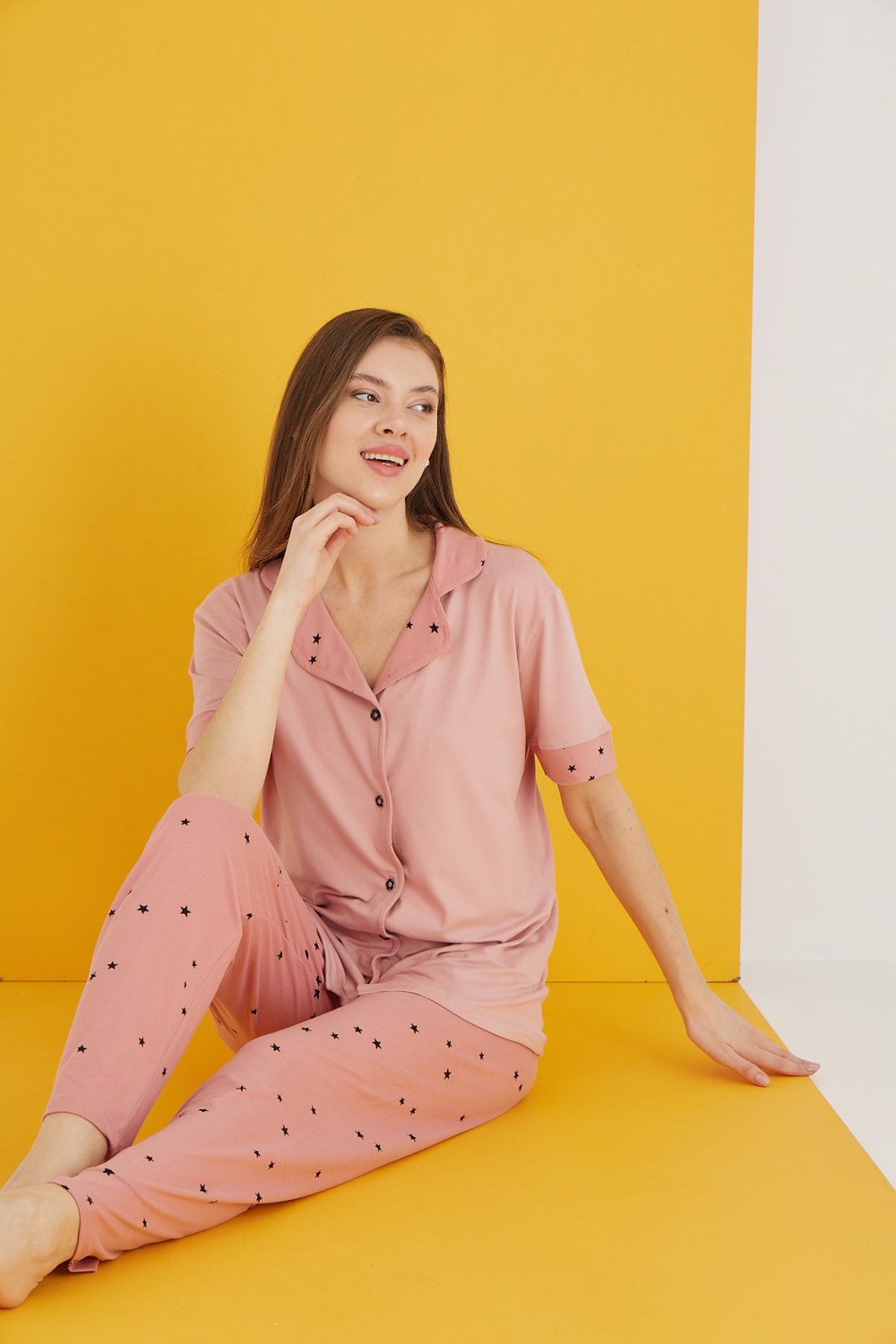 Eliz 7053-34 Bayan Bamboo Pudra Siyah Yıldız Düğ.Pijama Takım