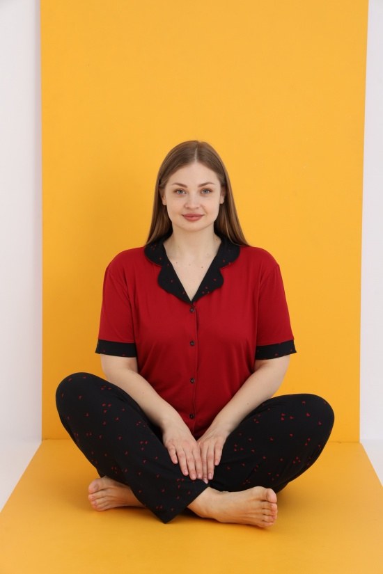 Eliz 7053-10 Bayan Bamboo Battal Bordo Düğ.Pijama Takım