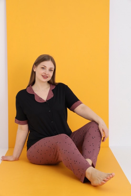 Eliz 7053-11 Bayan Bamboo Battal Siyah Düğ.Pijama Takım