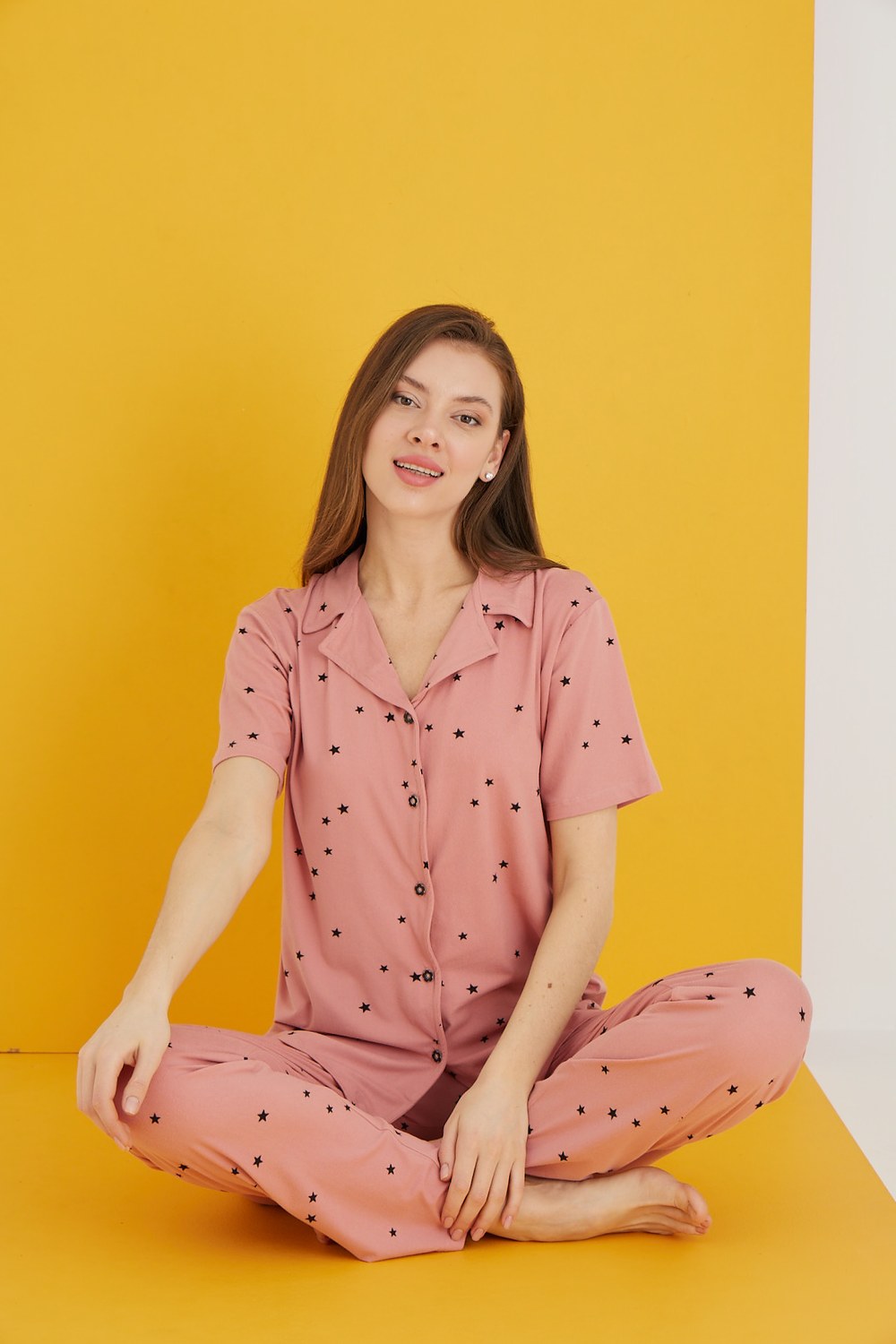 Eliz 7054-34 Bayan Bamboo Pudra Siyah Yıldız Düğ.Pijama Takım