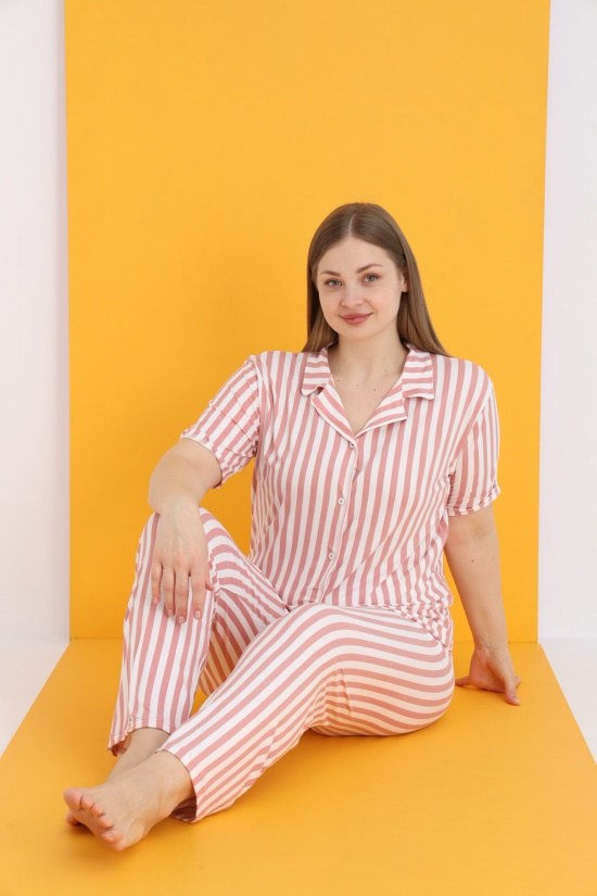 Eliz 7054-35 Bayan Bamboo Battal Pudra Beyaz Çiz.Düğ.Pijama Takım