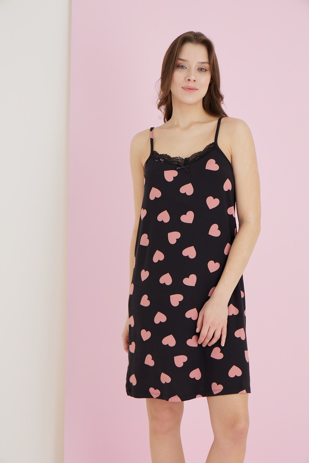 Eliz 7056-5 Bayan Bamboo Siyah Üzeri Pembe Kalp Tunik