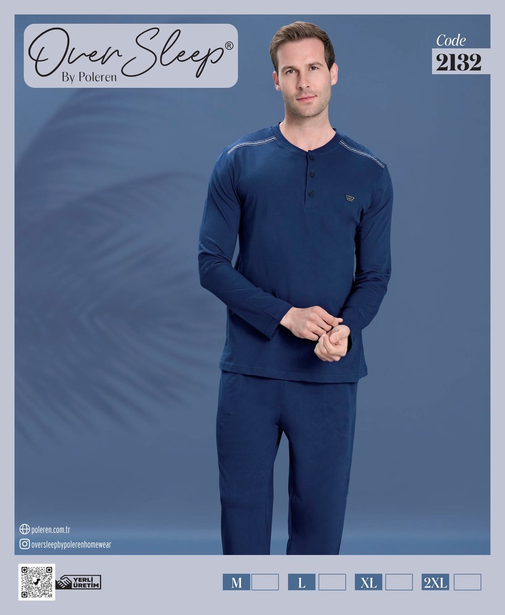 Over Sleep Erkek Poleren Lacıvert U-Kol Pijama Takım