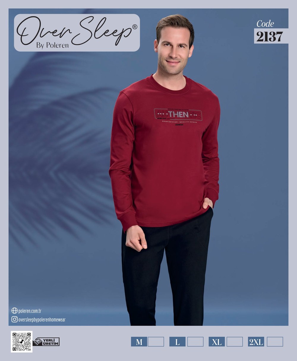Over Sleep Erkek Poleren Bordo U-Kol Pijama Takım