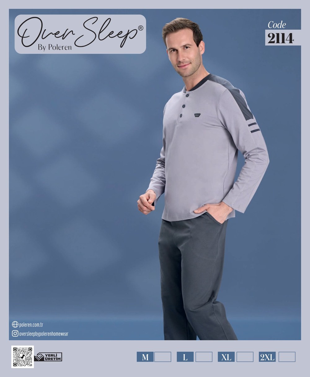 Over Sleep Erkek Poleren Gri U-Kol Pijama Takım