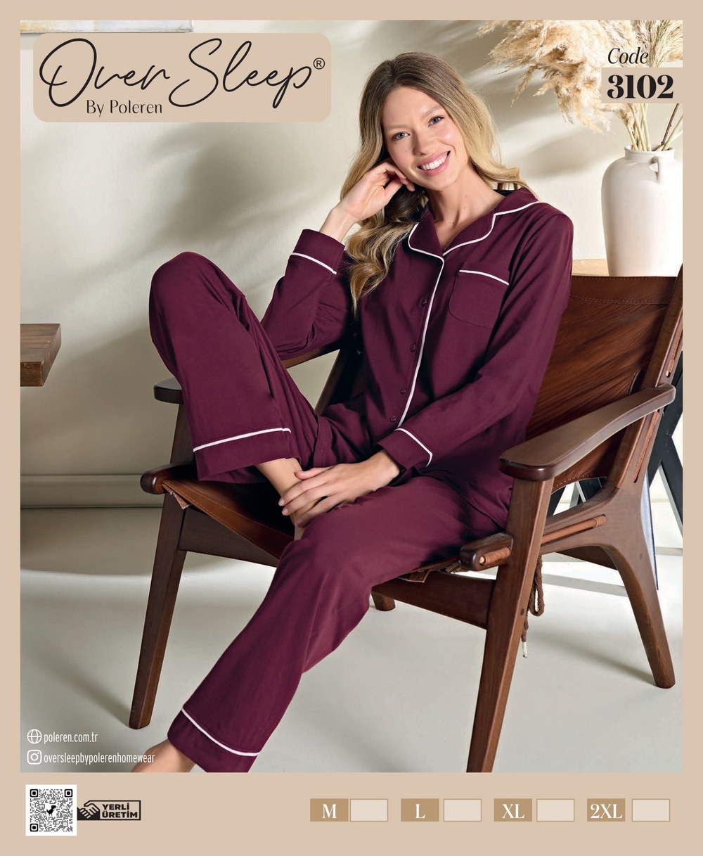 Over Sleep Bayan Poleren Bordo U-Kol Pijama Takım