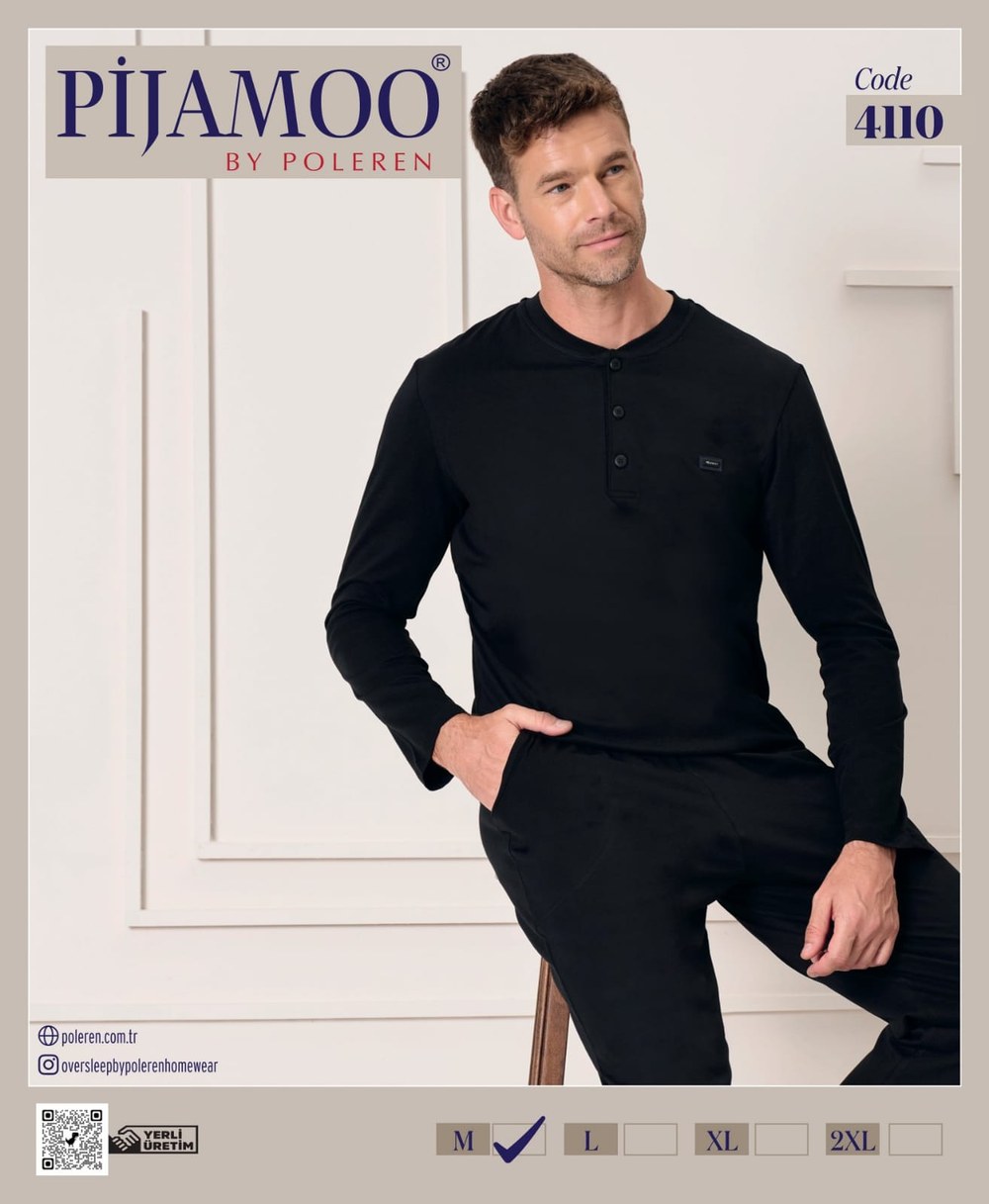 Pijamoo Erkek Poleren Siyah U.Kol Pijama Takım