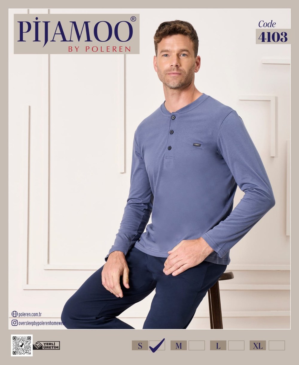 Pijamoo Erkek Poleren İndigo U.Kol Pijama Takım