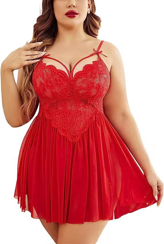 Beleng 5066 Kırmızı Bralet Çift Yırtmaçlı Battal Gecelik