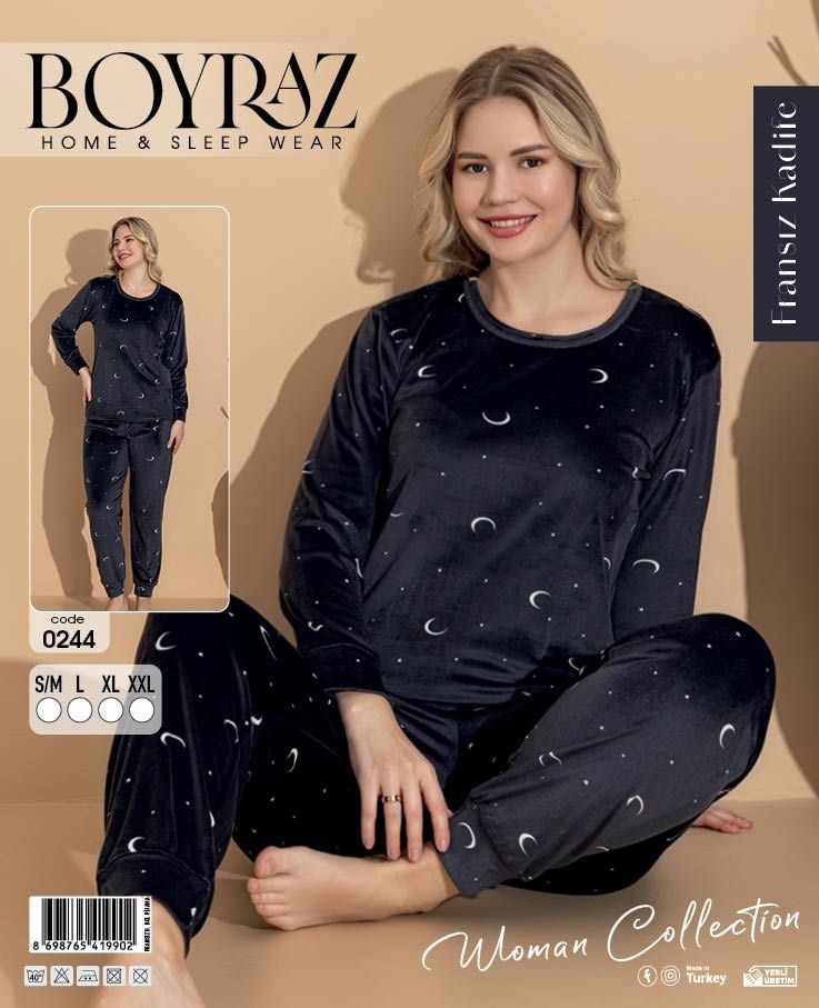 Boyraz 0244 Bayan Kadife Desenli Pijama Takımı